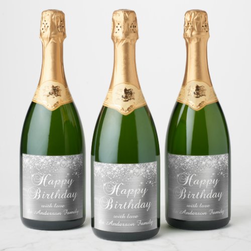 Glittery Silver Foil Happy Birthday Sparkling Wine Label