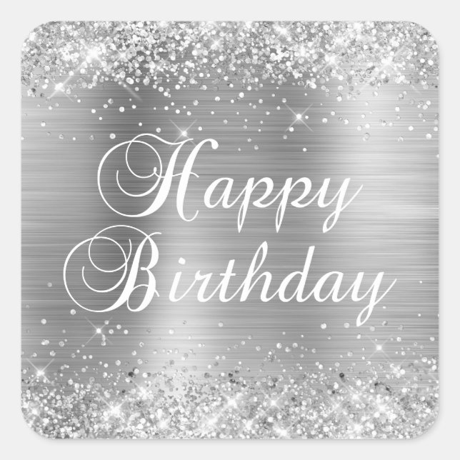 Glittery Silver Foil Happy Birthday Square Sticker (Front)