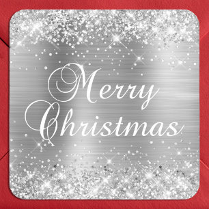 Glittery Silver Foil Merry Christmas Square Sticker