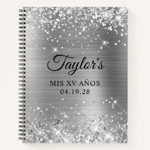 Glittery Silver Foil Mis XV Anos Guest Notebook