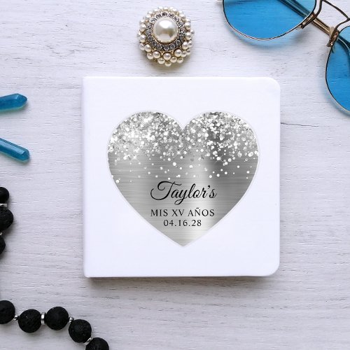 Glittery Silver Foil Mis XV Aos Heart Shape Sticker