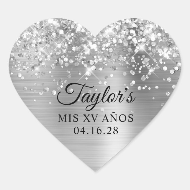 Glittery Silver Foil Mis XV Años Heart Sticker (Front)