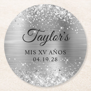 Glittery Silver Foil Mis XV Anos Round Paper Coaster