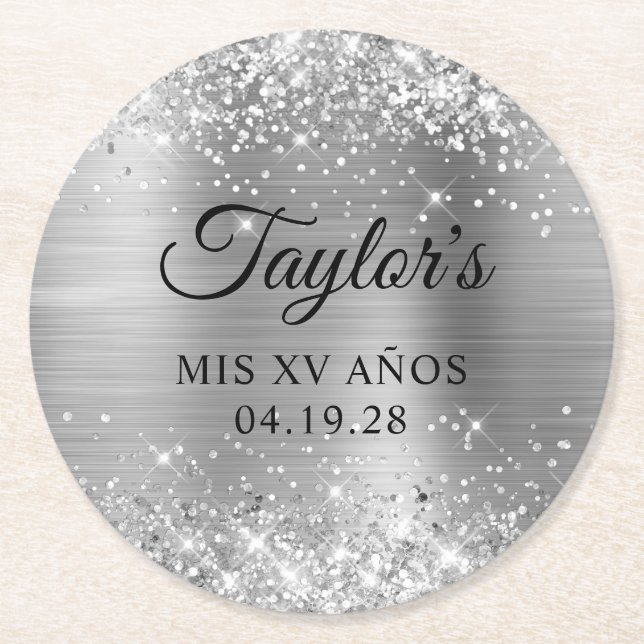 Glittery Silver Foil Mis XV Anos Round Paper Coaster (Front)