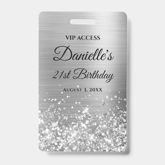 Glittery Silver Foil Modern 21st Birthday Badge (Front)
