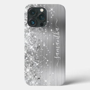 Glittery Silver Foil Modern Girly Signature iPhone 13 Pro Case