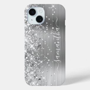 Glittery Silver Foil Modern Girly Signature iPhone 15 Case