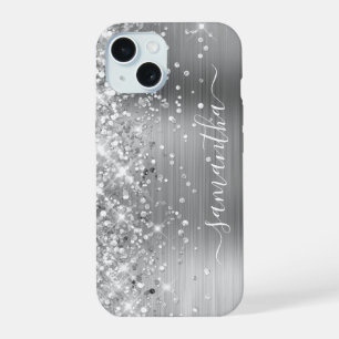 Glittery Silver Foil Modern Girly Signature iPhone 15 Case
