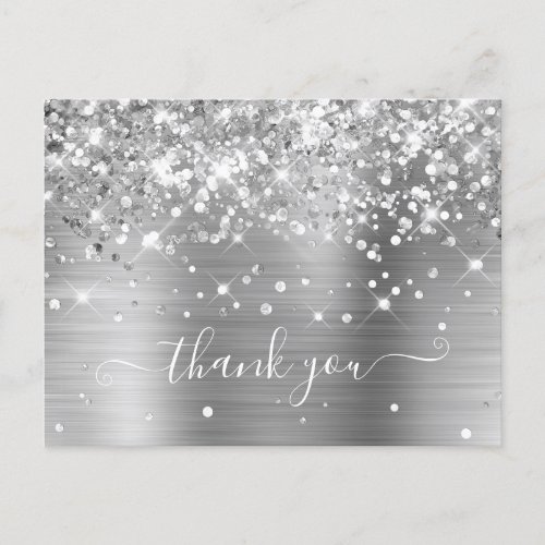 Glittery Silver Foil Modern Girly Thank You Postcard