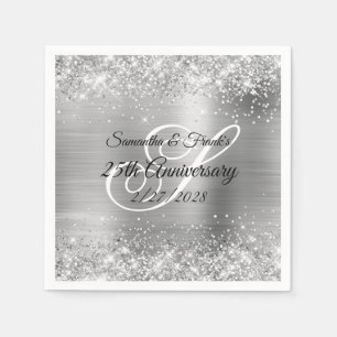 Glittery Silver Foil Monogrammed 25th Anniversary Napkins