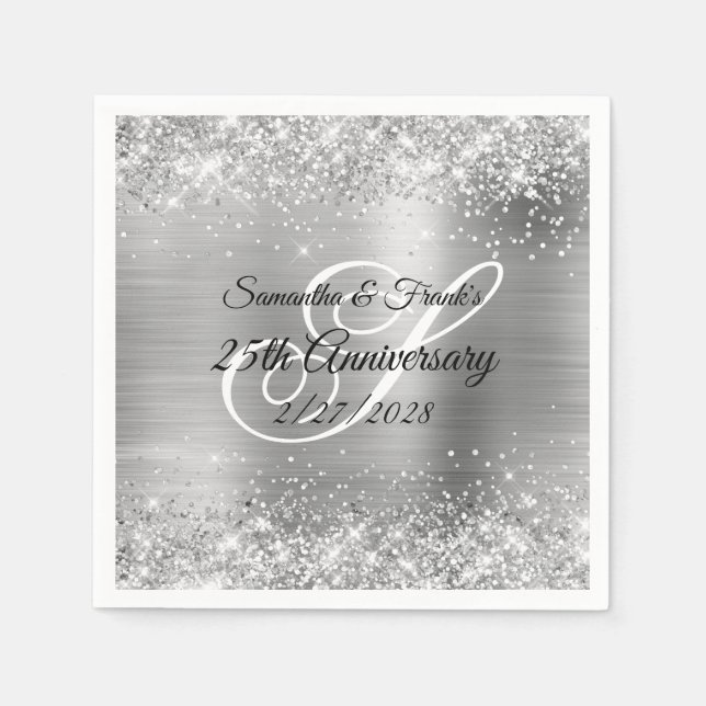 Glittery Silver Foil Monogrammed 25th Anniversary Napkins (Front)