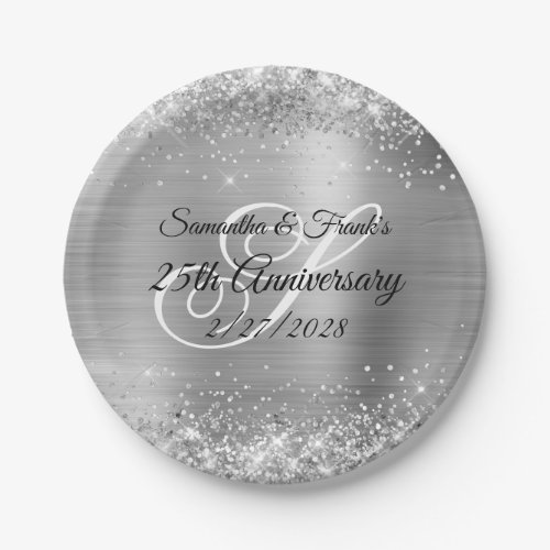 Glittery Silver Foil Monogrammed 25th Anniversary Paper Plates