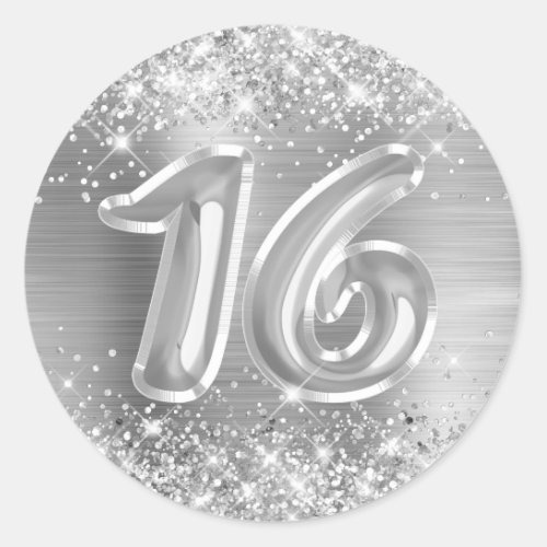 Glittery Silver Foil Number 16 Birthday Classic Round Sticker