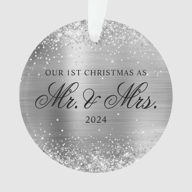 Glittery Silver Foil Our 1st Christmas Photo Ornament (Front)