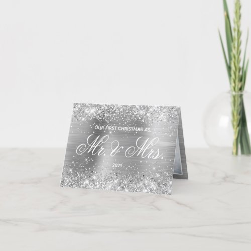 Glittery Silver Foil Photo Our First Christmas Holiday Card