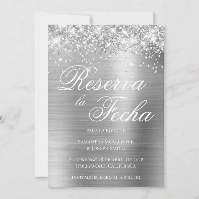 Glittery Silver Foil Photo Reserva La Fecha Invitation (Front)