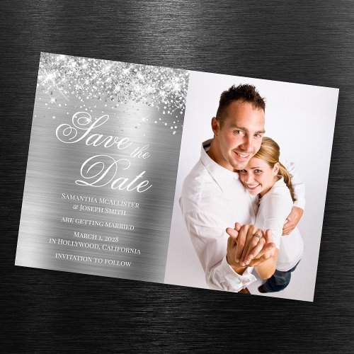 Glittery Silver Foil Photo Save the Date Magnetic Invitation