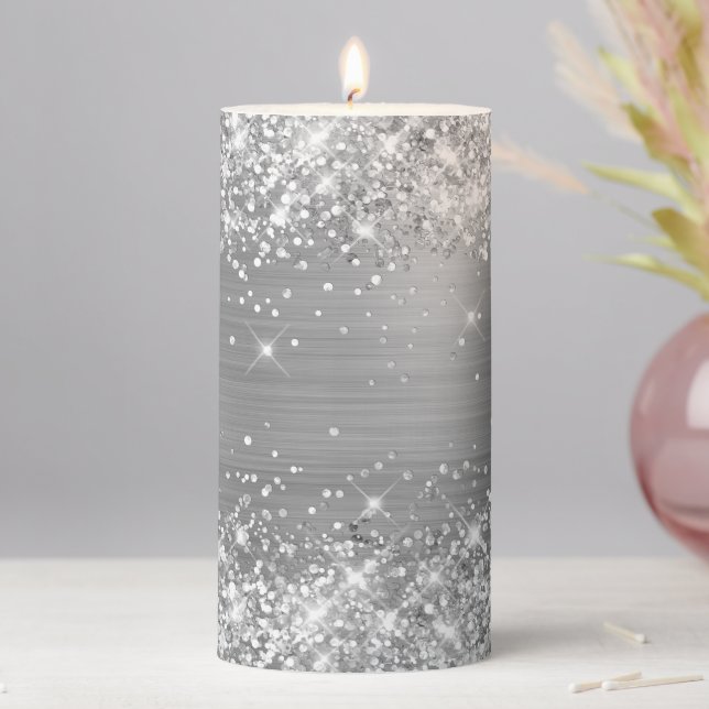 Glittery Silver Foil Pillar Candle (In Situ)