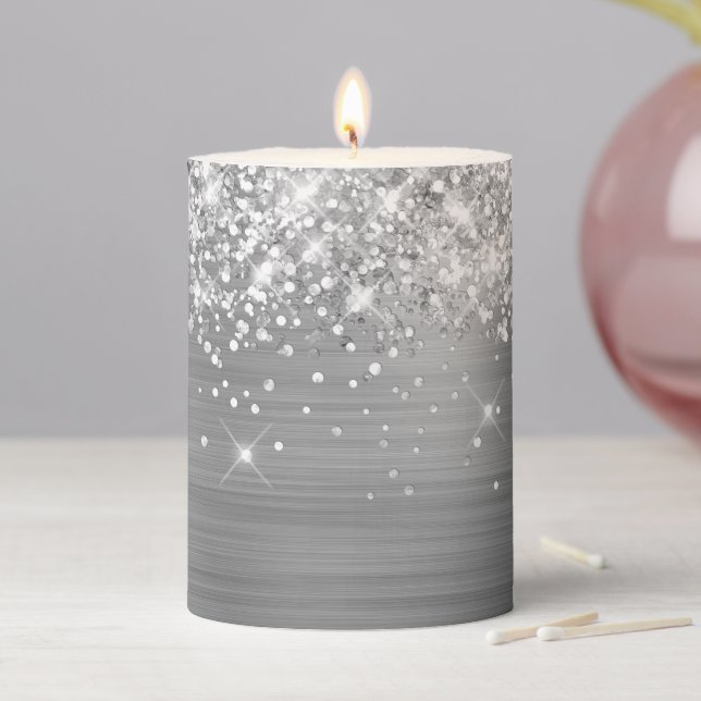 Glittery Silver Foil Pillar Candle (In Situ)