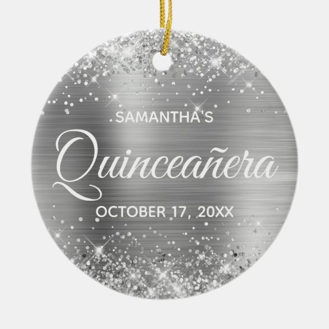 Glittery Silver Foil Quinceañera Ceramic Ornament (Front)