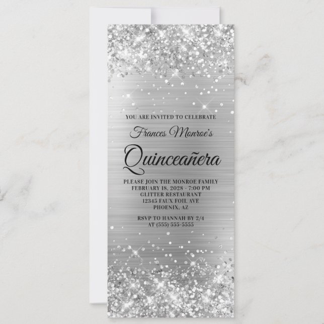 Glittery Silver Foil Quinceañera Invitation (Front)