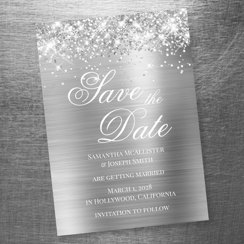 Glittery Silver Foil Save the Date Magnetic Invitation