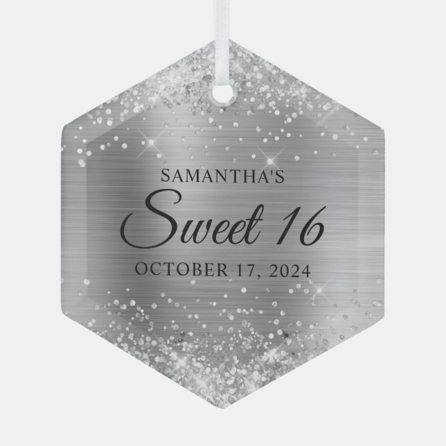 Glittery Silver Foil Sweet 16 Glass Ornament (Front)