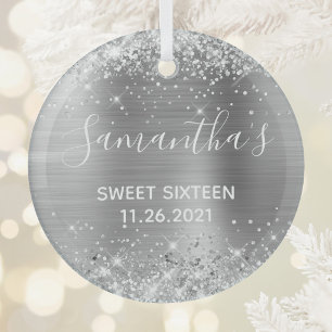 Glittery Silver Foil Sweet 16 Glass Ornament