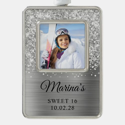 Glittery Silver Foil Sweet 16 Photo Christmas Ornament