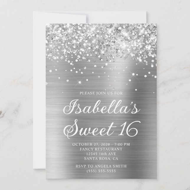 Glittery Silver Foil Sweet 16 Photo Invitation (Front)