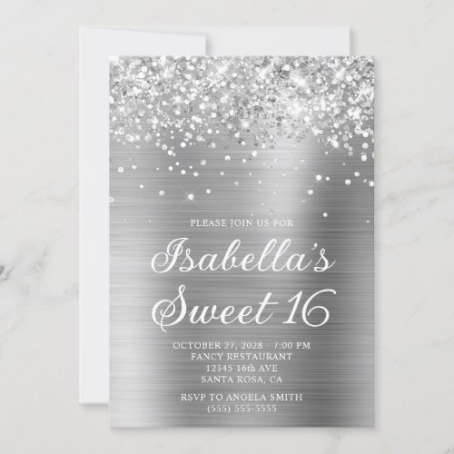 Glittery Silver Foil Sweet 16 Photo Invitation