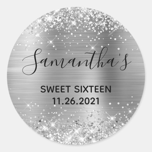 Glittery Silver Foil Sweet Sixteen Classic Round Sticker (Front)