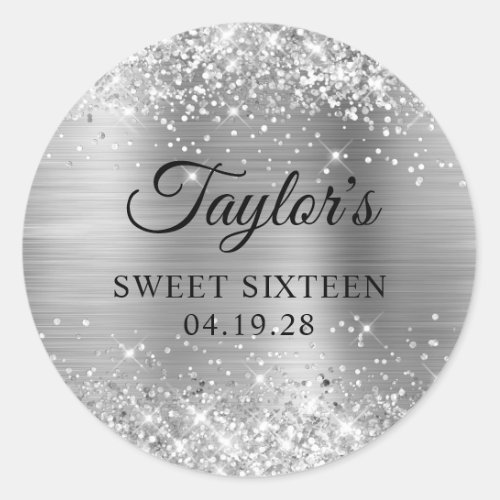 Glittery Silver Foil Sweet Sixteen Classic Round Sticker