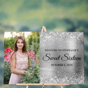 Glittery Silver Foil Sweet Sixteen Welcome Big Acrylic Sign