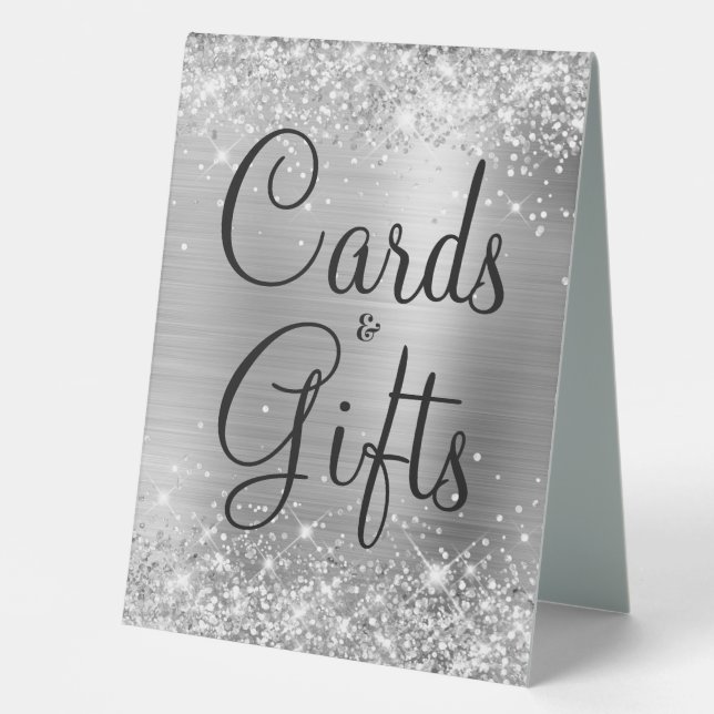 Glittery Silver Foil Wedding Cards & Gifts Table Tent (Front)