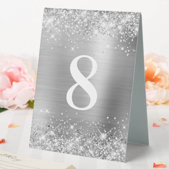 Glittery Silver Foil Wedding Number Table Tent (In SItu (Wedding))