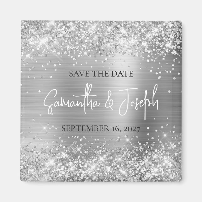 Glittery Silver Foil Wedding Save the Date Magnet (Front)