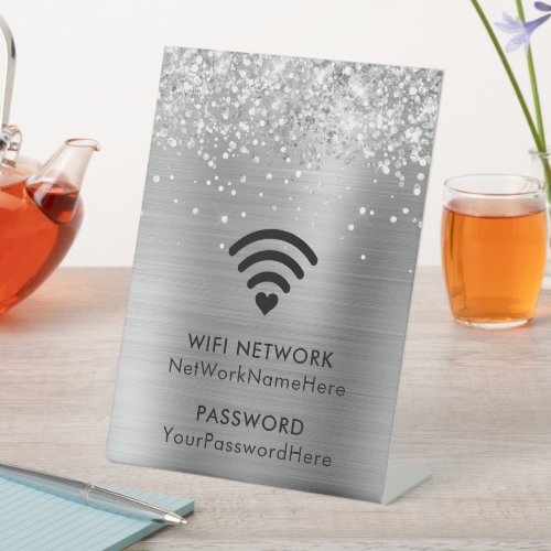 Glittery Silver Foil WiFi Network and Password Pedestal Sign