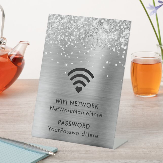 Glittery Silver Foil WiFi Network and Password Pedestal Sign (In SItu)