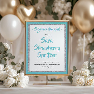 Glittery Silver Frame Signature Mocktail Blue Poster