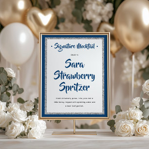 Glittery Silver Frame Signature Mocktail Navy Blue Poster
