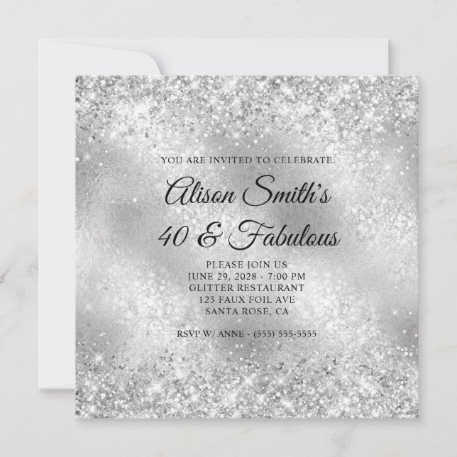Glittery Silver Frosted Glass 40 & Fabulous Invitation (Front)