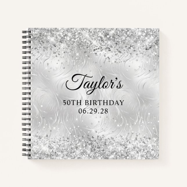 Glittery Silver Frosted Glass 50th Birthday Guest Notebook (Front)