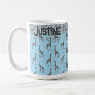 Glittery Silver Giraffe on Blue Personalized Coffee Mug