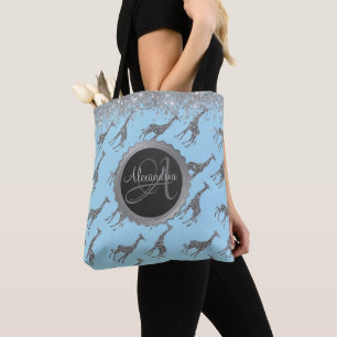 Glittery Silver Giraffe on Blue Personalized Tote Bag
