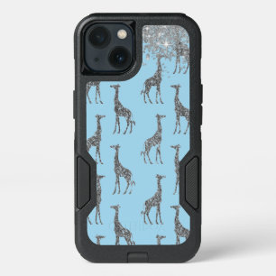 Glittery Silver Giraffe on Dreamy Blue iPhone 13 Case
