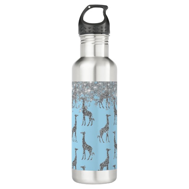 Glittery Silver Giraffe on Dreamy Blue     Thermal Stainless Steel Water Bottle (Front)