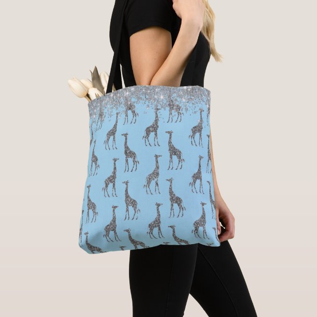 Glittery Silver Giraffe on Dreamy Blue Tote Bag (Close Up)