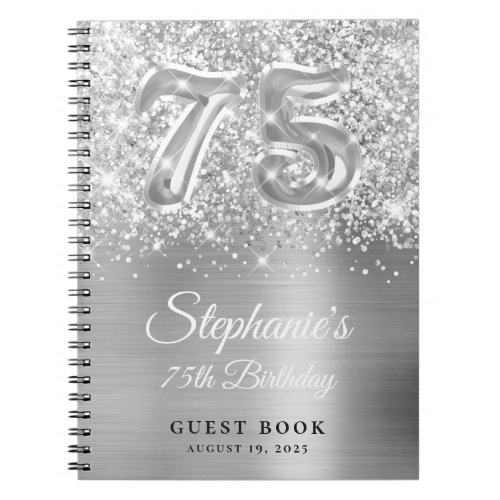 Glittery Silver Glam 75th Birthday Guestbook Notebook