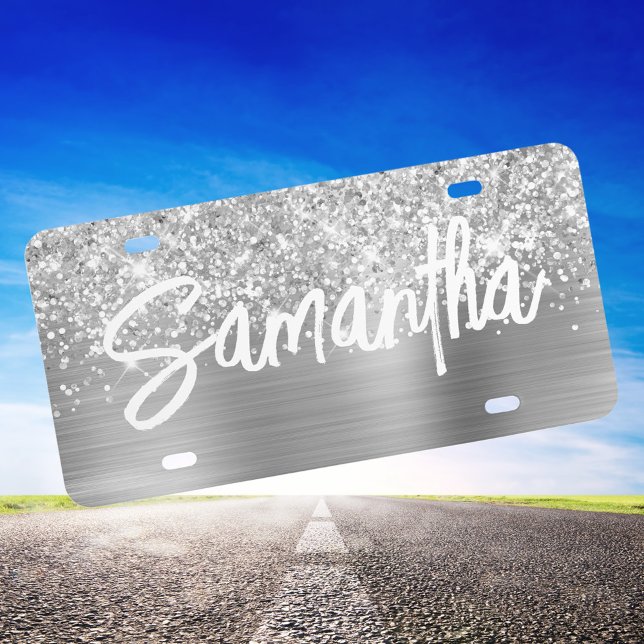Glittery Silver Glam Brush Script Name License Plate (Create Your Own Girly Personalized Decorative License Plate)